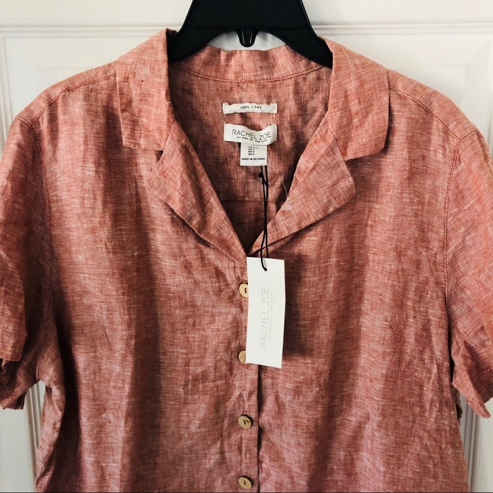 NWT RACHEL ZOE pink 100% linen button up half cropped blouse size large - Picture 8 of 9